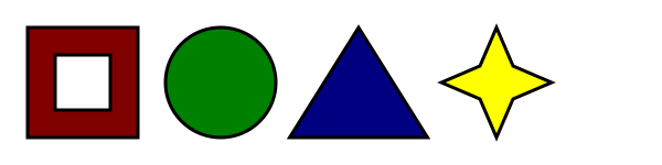 Four shapes are available: a red hollow box, a green circle, a blue triangle, and a yellow four-pointed star.